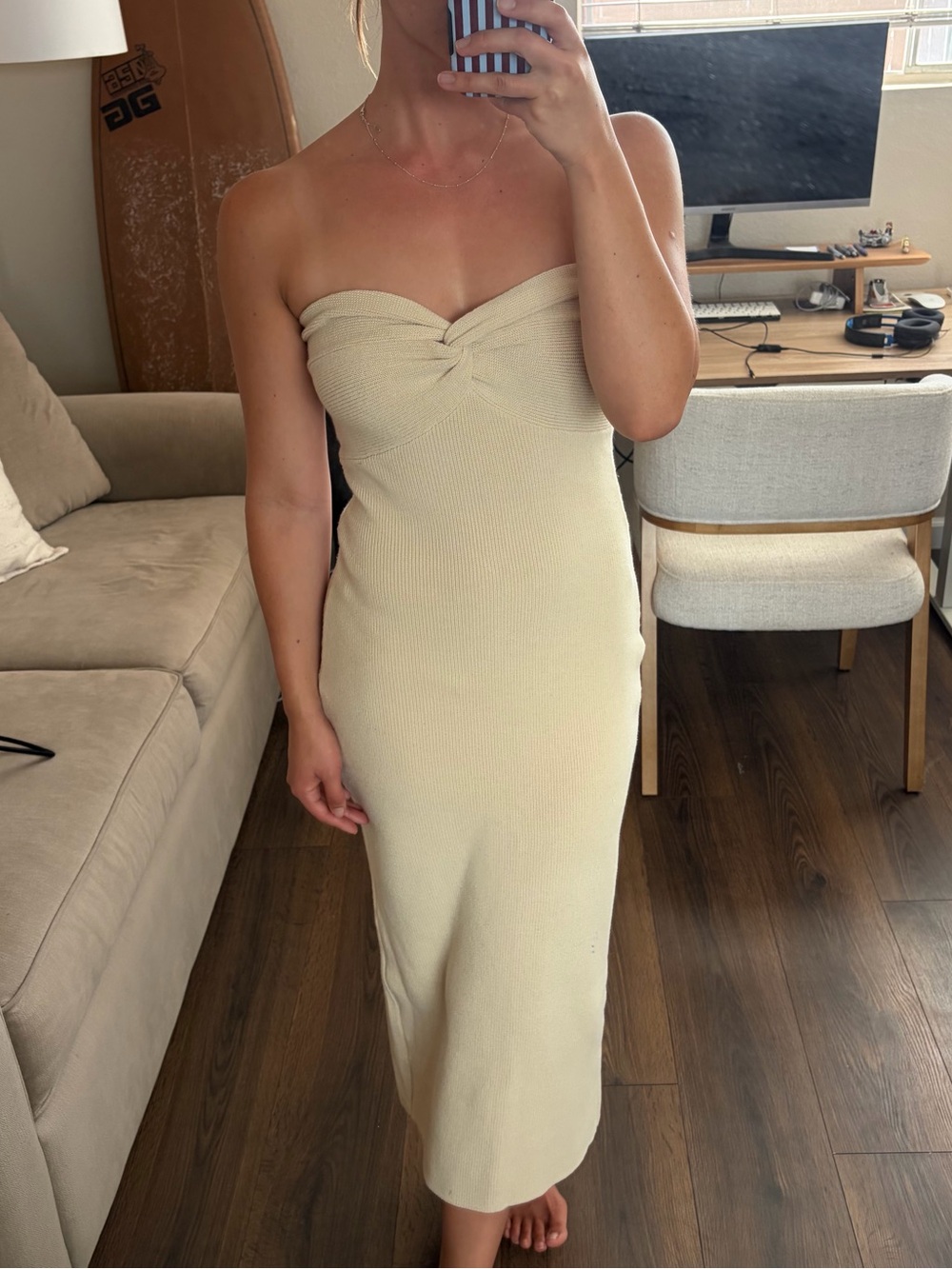 Strapless Twist-Front Knit Midi Dress in Cream
